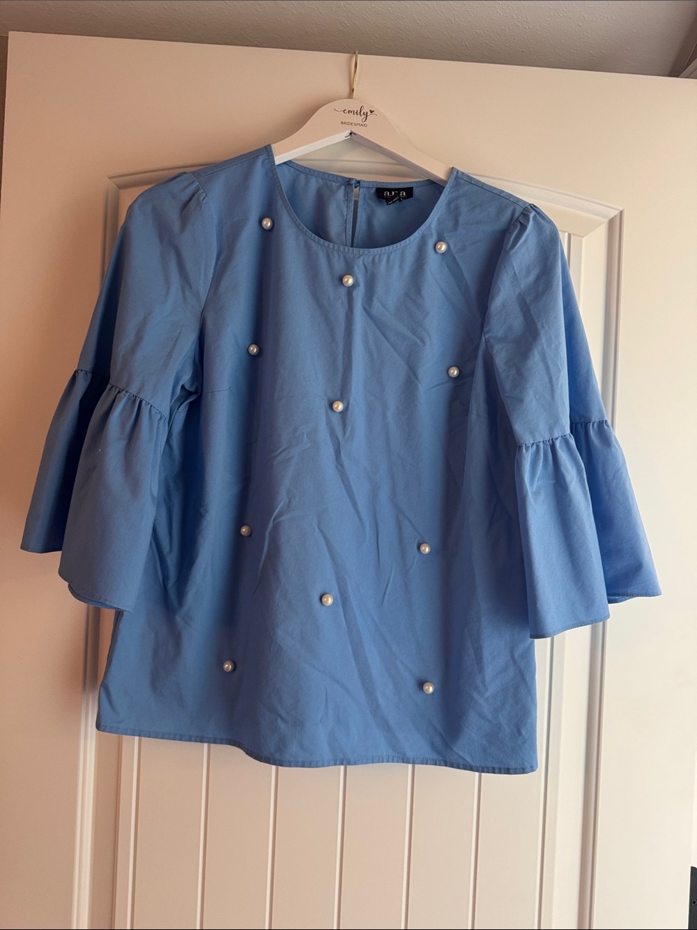 a.n.a Light Blue Pearl-Embellished Bell-Sleeve Blouse